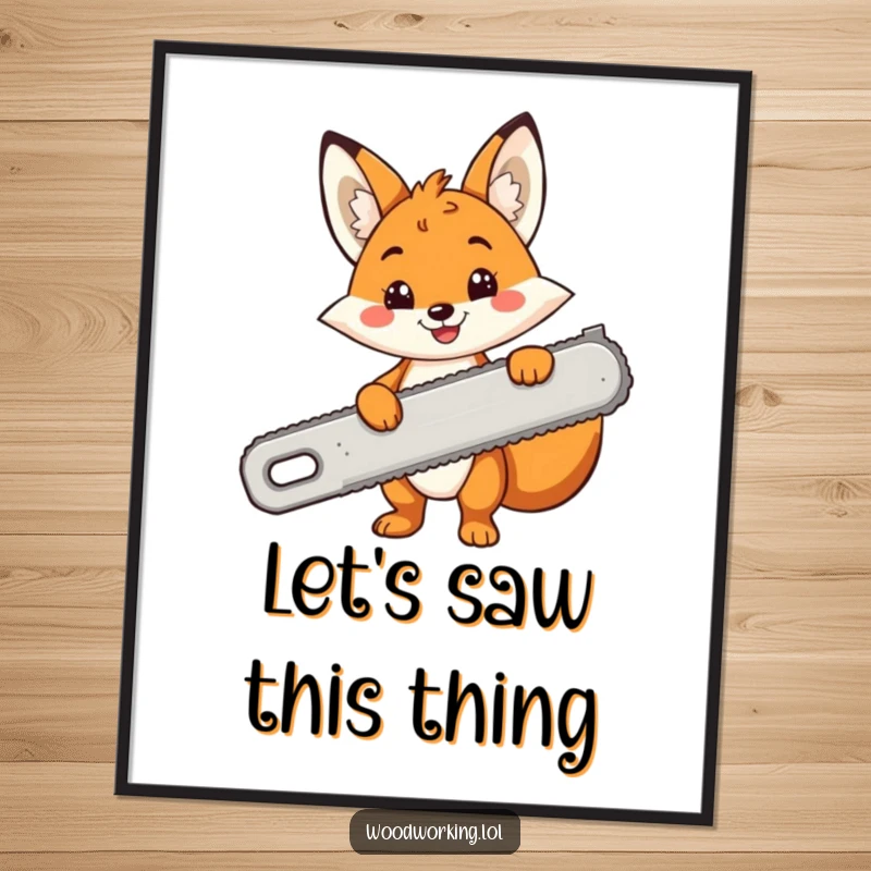 Funny Free Printable Wall Art: Cheerful fox poses with a comically large saw, adding humor to your space.