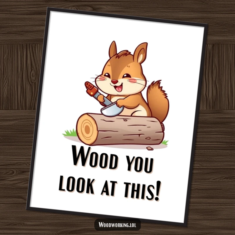 Funny Free Printable Wall Art: A cheerful chipmunk enthusiastically sawing a log with a miniature saw, bringing DIY humor indoors.