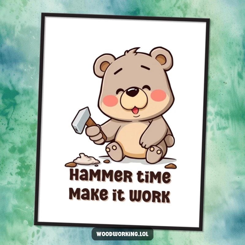 Funny Free Printable Wall Art: Determined bear humorously hammers a crooked nail, perfect for quirky home decor.