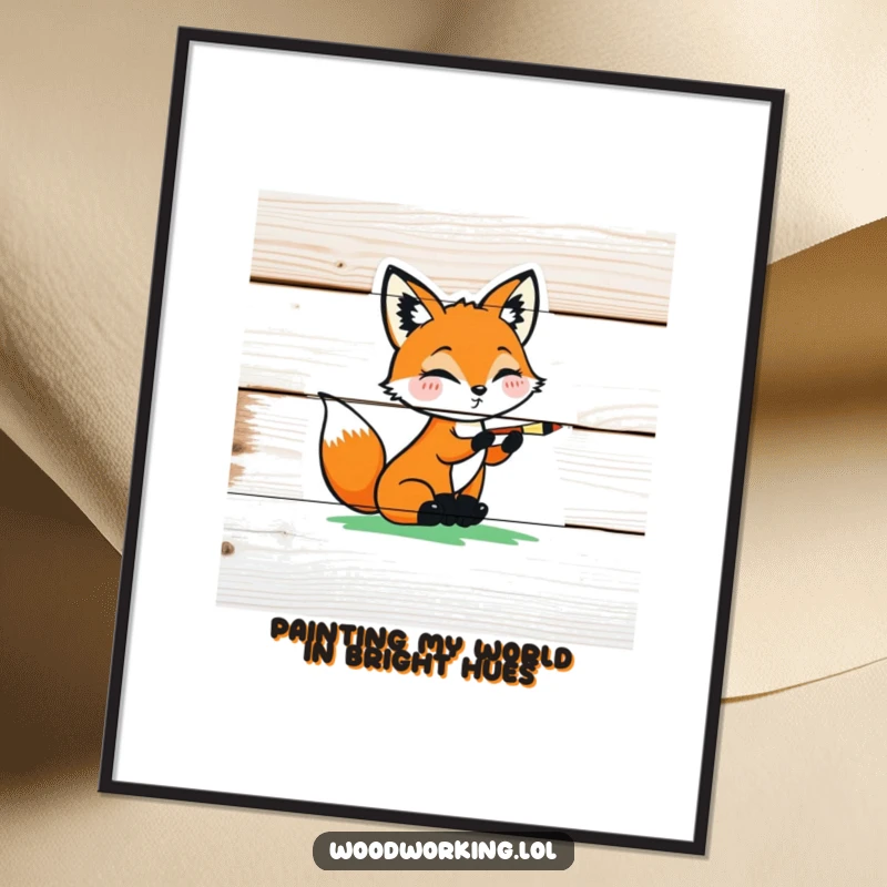 Funny Free Printable Wall Art: Playful fox carefully painting a colorful design on a wooden plank, bringing artistic joy.