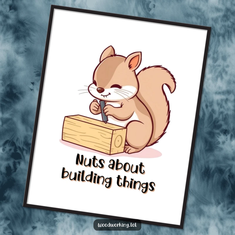 Funny Free Printable Wall Art: A busy squirrel diligently screwing two small wooden planks together, bringing DIY humor home.