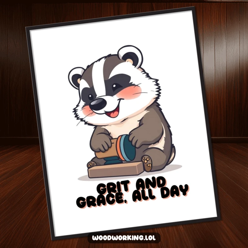 Funny Free Printable Wall Art: A happy badger concentrating on sanding wood, creating a masterpiece of home decor.