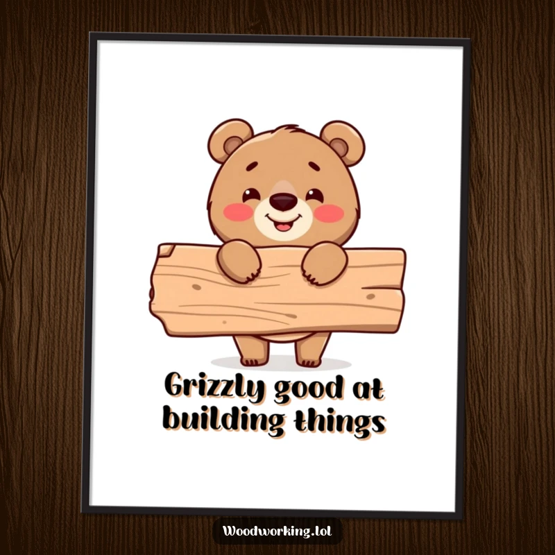 Funny Free Printable Wall Art: A cheerful bear beams, proudly holding a plank of wood, showcasing DIY construction pride.