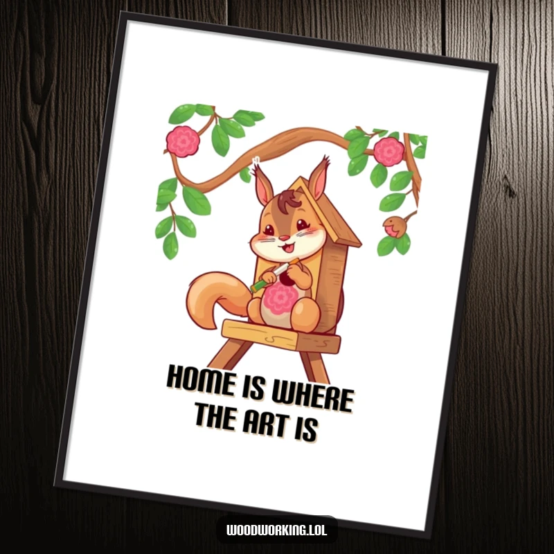 Funny Free Printable Wall Art showcasing a cheerful squirrel meticulously painting a colorful pattern onto a wooden birdhouse, artistic and fun.