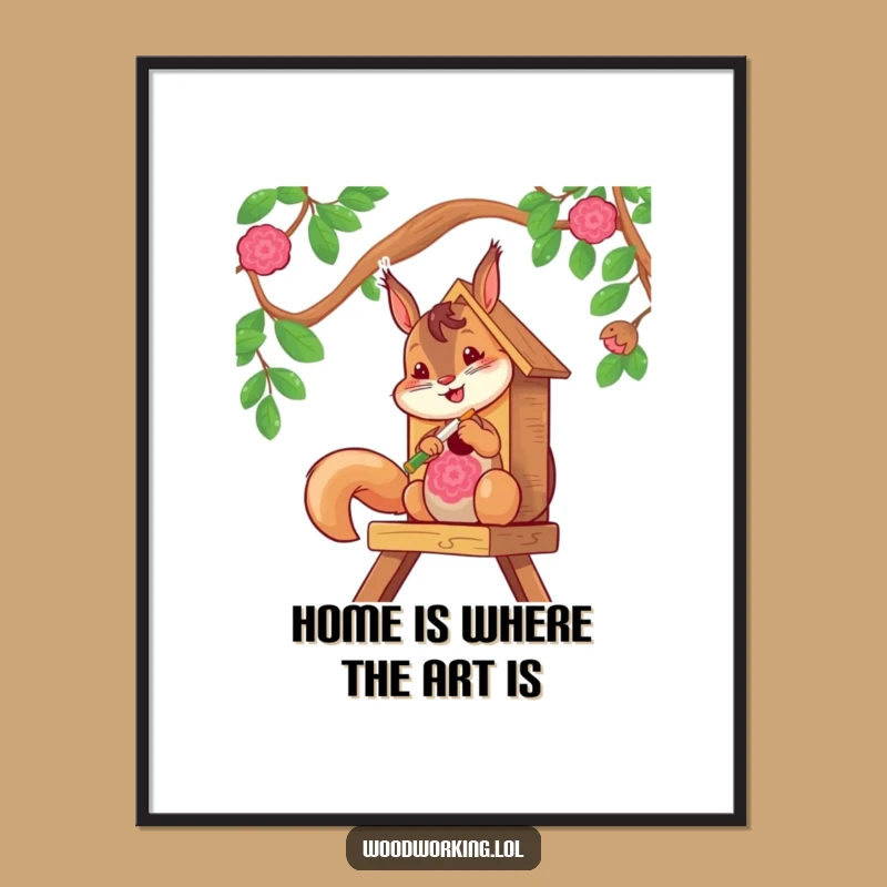 Free Printable Wall Art: Cheerful Squirrel Painting Birdhouse, Humorous DIY Downloadable Art