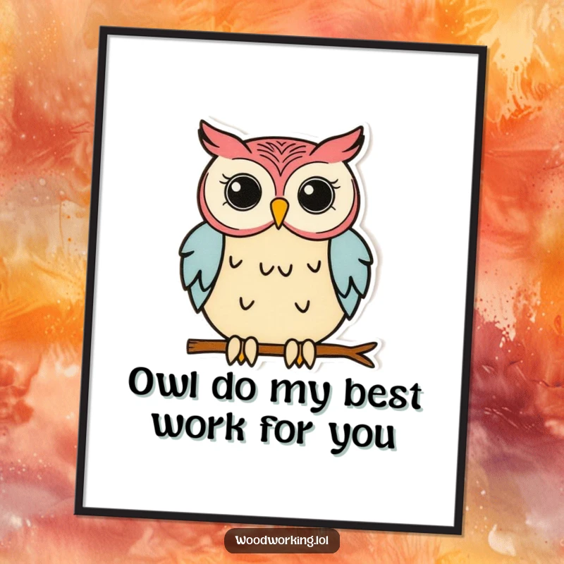 Funny Free Printable Wall Art: Focused owl meticulously gluing wood, quirky DIY decor for any room.