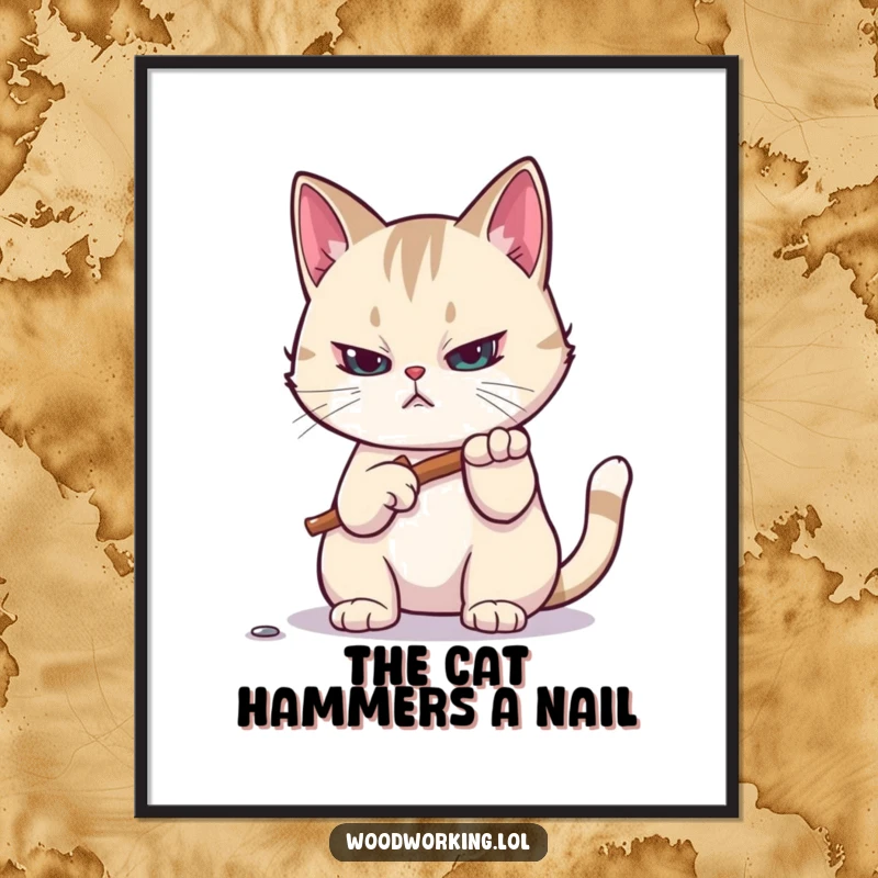 Funny Free Printable Wall Art depicting a focused cat intently hammering a tiny nail, embodying concentration and DIY spirit.