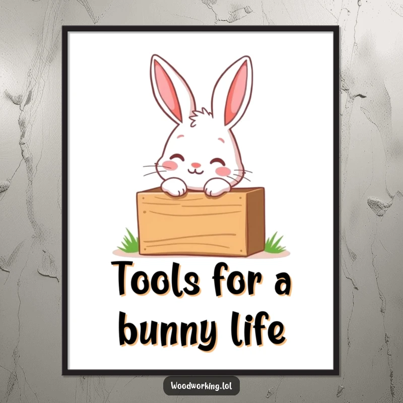 Funny Free Printable Wall Art: Curious bunny peering into a wooden toolbox with wide-eyed excitement, ready to uncover secrets.