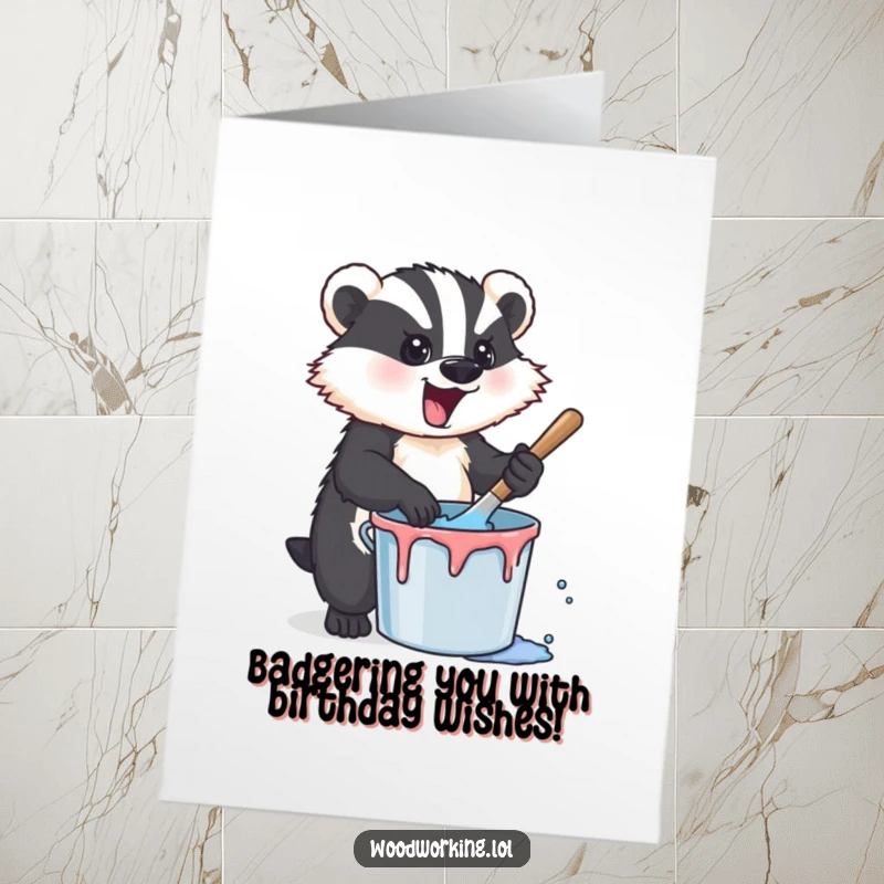 Funny Free Printable Birthday Card: Energetic badger artist gleefully stirring paint, ready to splash some creative joy on your special day.