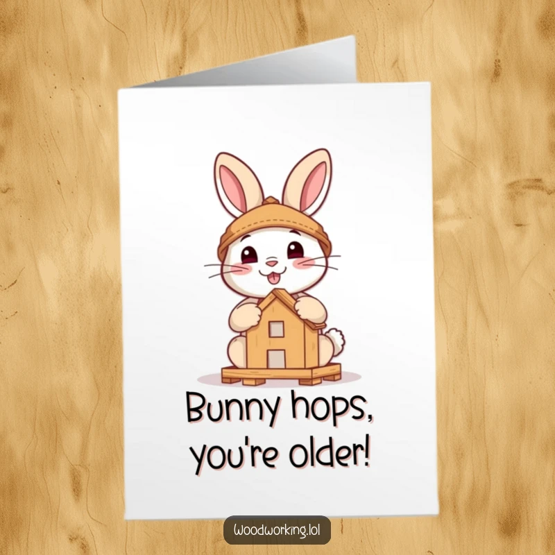 Funny Free Printable Birthday Card: Brave rabbit expertly assembling a wooden structure, smiling with DIY joy.