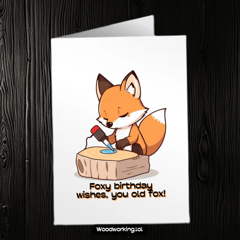 Funny Free Printable Birthday Card: Determined fox meticulously applying glue to wood pieces, ready for a DIY surprise.