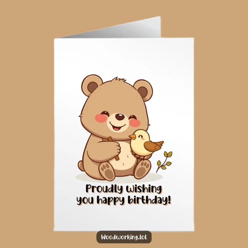 Free Printable Birthday Card: Bear's Wood Carving, Funny Downloadable Gift for Makers