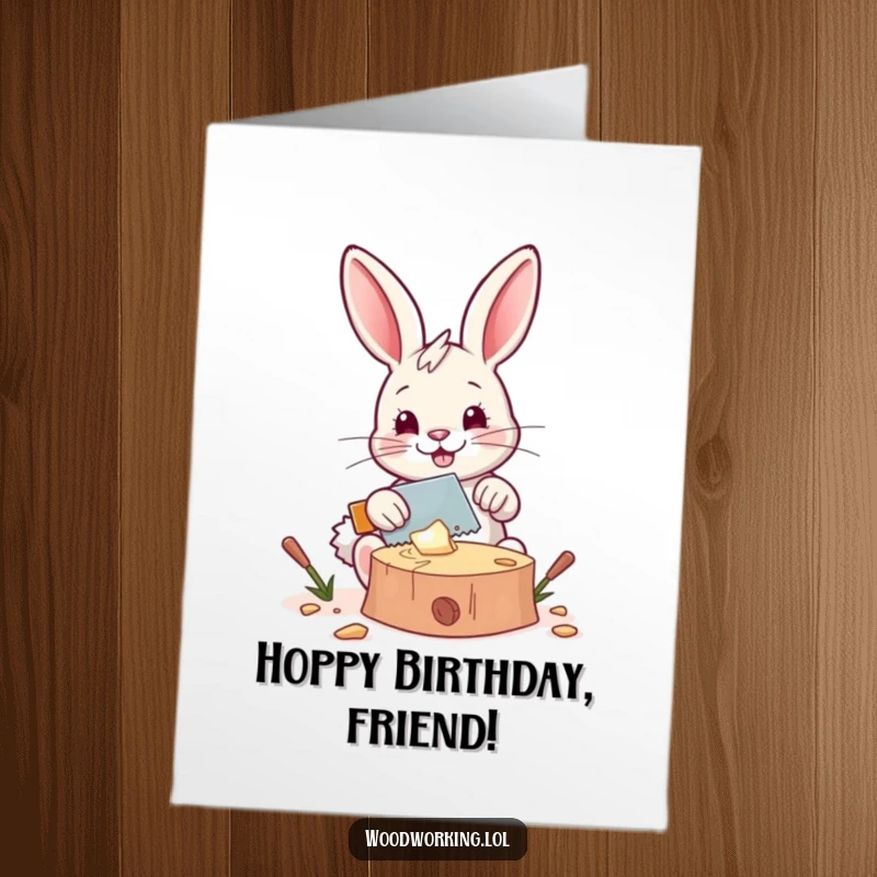 Funny Free Printable Birthday Card featuring a happy bunny diligently using a tiny saw to cut a piece of wood with a smile.