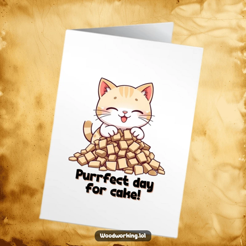 Funny Free Printable Birthday Card: A happy cat carefully places wood chips into a neat pile with focus.