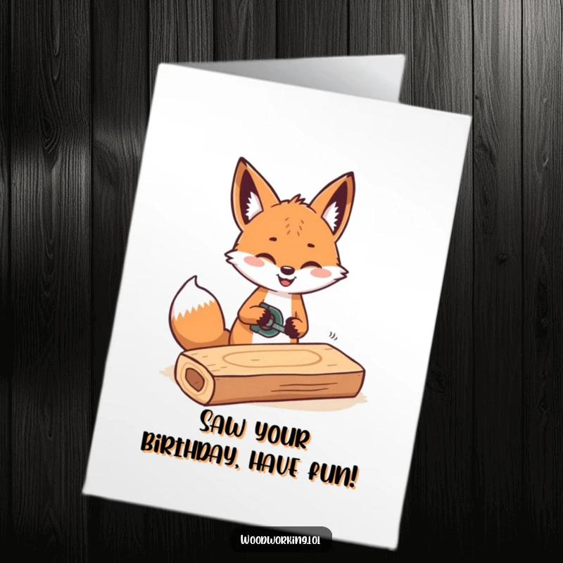 Funny Free Printable Birthday Card featuring a cheerful fox rhythmically sawing a plank of wood, perfect for DIY lovers.