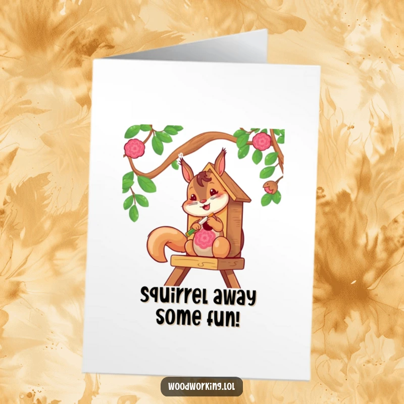 Funny Free Printable Birthday Card featuring a cheerful squirrel gleefully painting a colorful pattern on a birdhouse, celebrating joyfully.