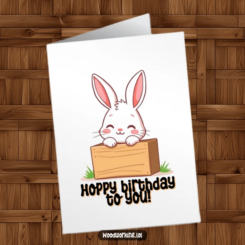 Funny Free Printable Birthday Card: Curious bunny peering into a wooden toolbox with wide-eyed excitement, ready for discovery.