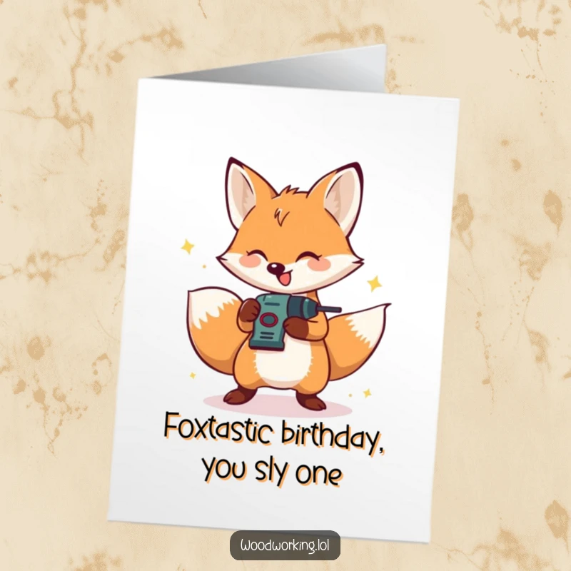 Funny Free Printable Birthday Card: Bouncing fox happily operating a small drill, celebrating with energy, downloadable gift.