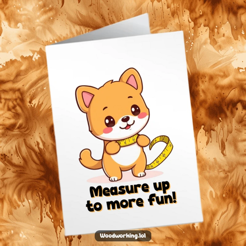 Funny Free Printable Birthday Card featuring a playful dog comically measuring wood with an oversized tape measure, ready to party.