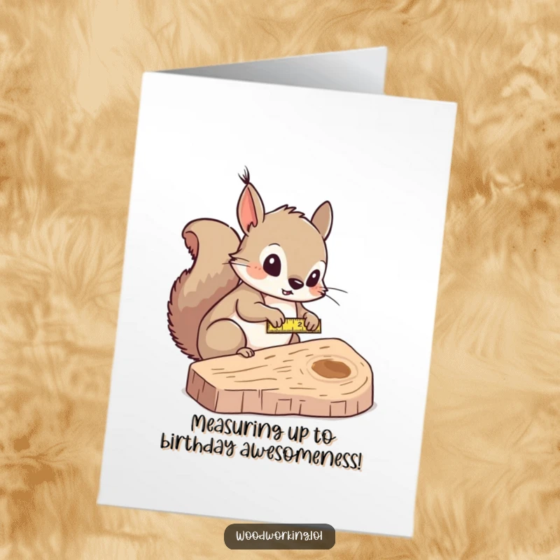 Funny Free Printable Birthday Card: Curious squirrel carefully measuring wood with a tape measure.