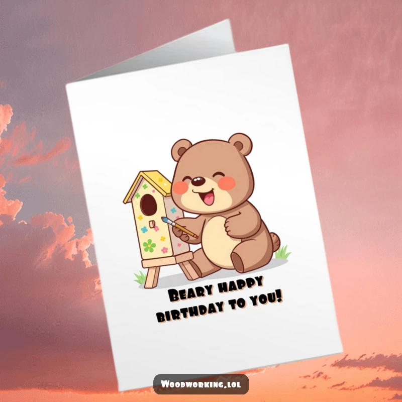 Funny Free Printable Birthday Card: Giggling bear excitedly paints a colorful birdhouse with joyful abandon.