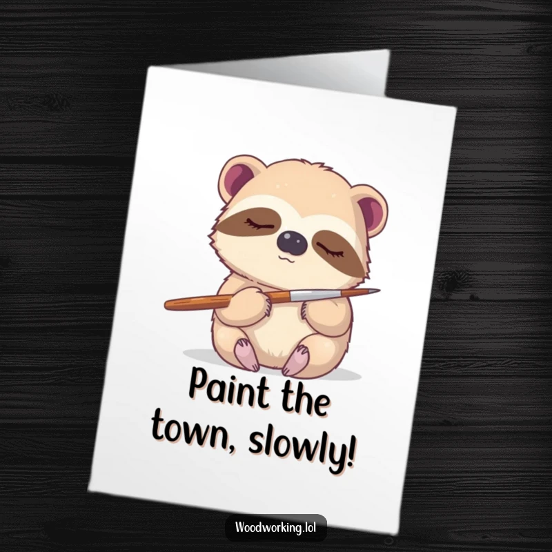 Funny Free Printable Birthday Card: a sleepy sloth gently holding a paintbrush, embodying artistic leisure, DIY gift.