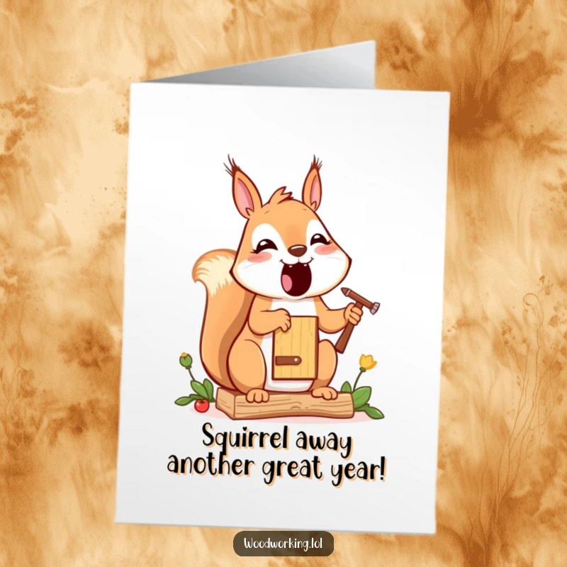 Funny free printable birthday card: a cheerful squirrel happily paints a small birdhouse, creating a whimsical birthday masterpiece.