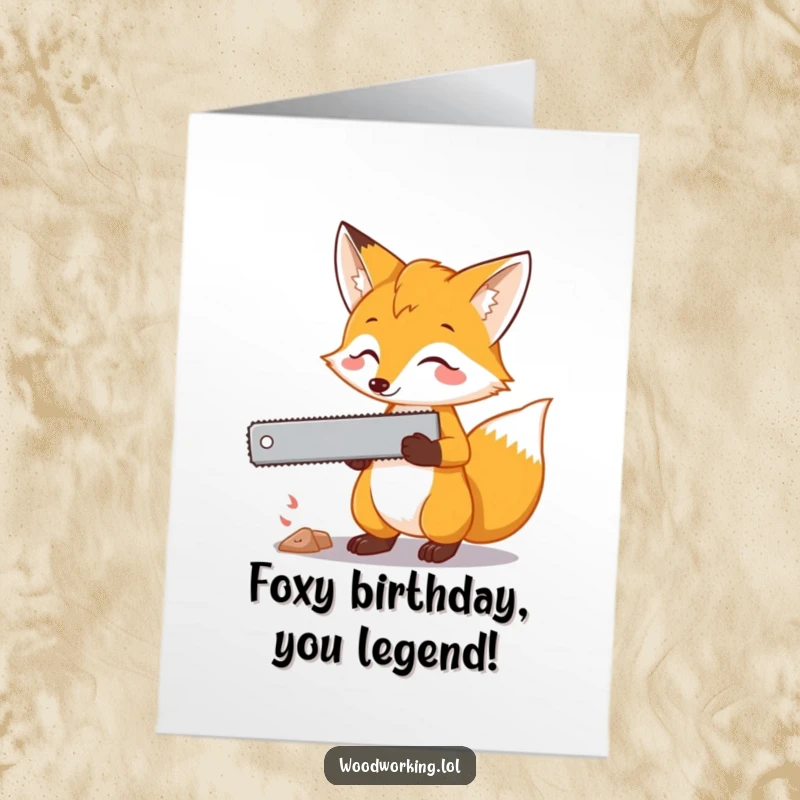 Funny Free Printable Birthday Card: A curious fox holding a saw, meticulously planning its next birthday cake cut with a mischievous grin.