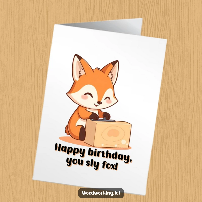 Funny Free Printable Fox Birthday Card: Cute fox smiling while sanding wood, perfect for DIY birthday greetings.