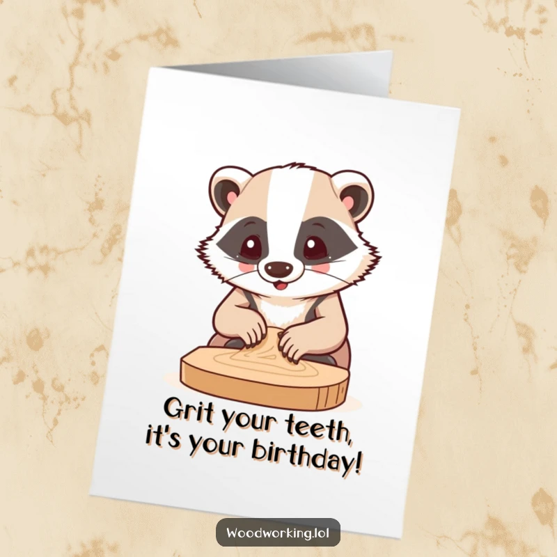 Funny Free Printable Birthday Card featuring a badger intensely sanding wood, perfect for a DIY enthusiast's special day.