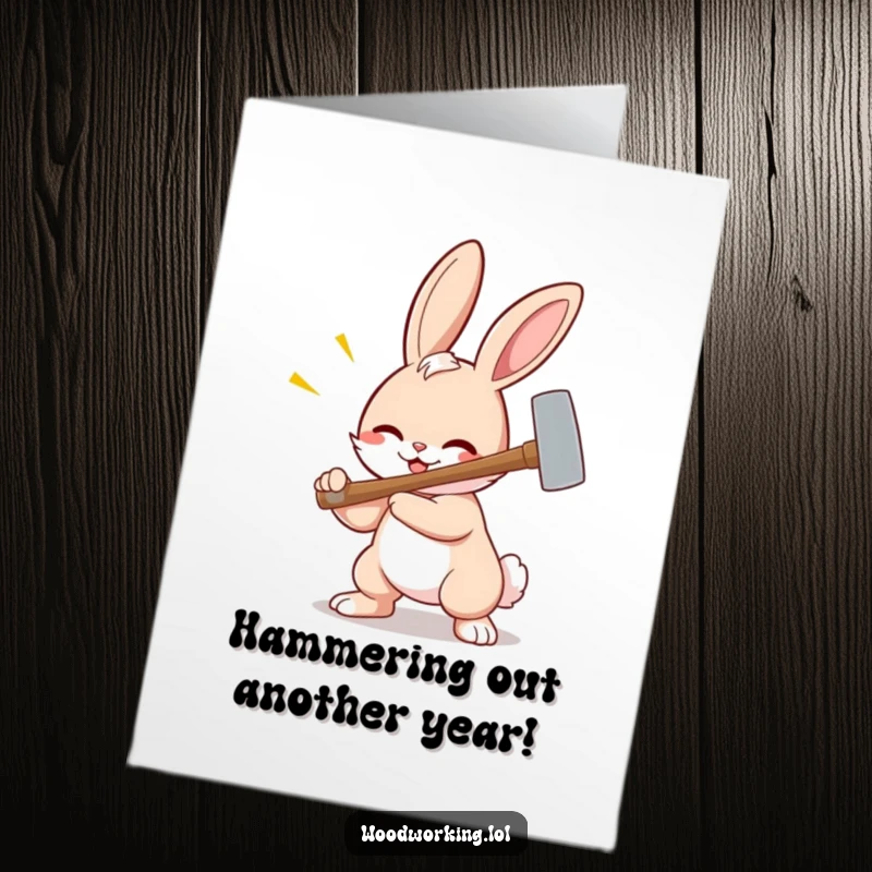 Funny free printable birthday card: a smiling bunny swings a hammer with absurd power, ready to build birthday cheer.