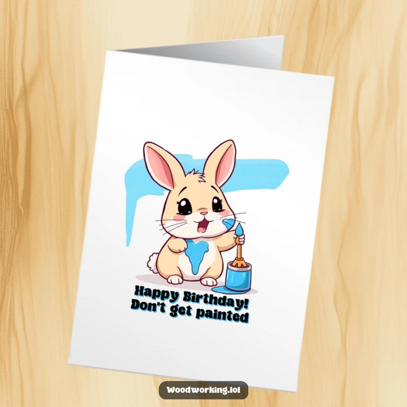 Funny Free Printable Birthday Card: Surprised rabbit covered in bright blue paint, a messy and hilarious DIY celebration surprise.