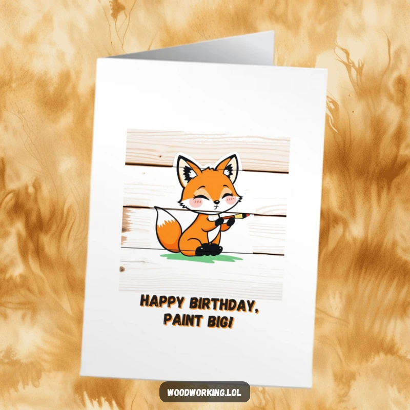 Funny Free Printable Birthday Card: Playful fox carefully painting a colorful design on a wooden plank for birthday.