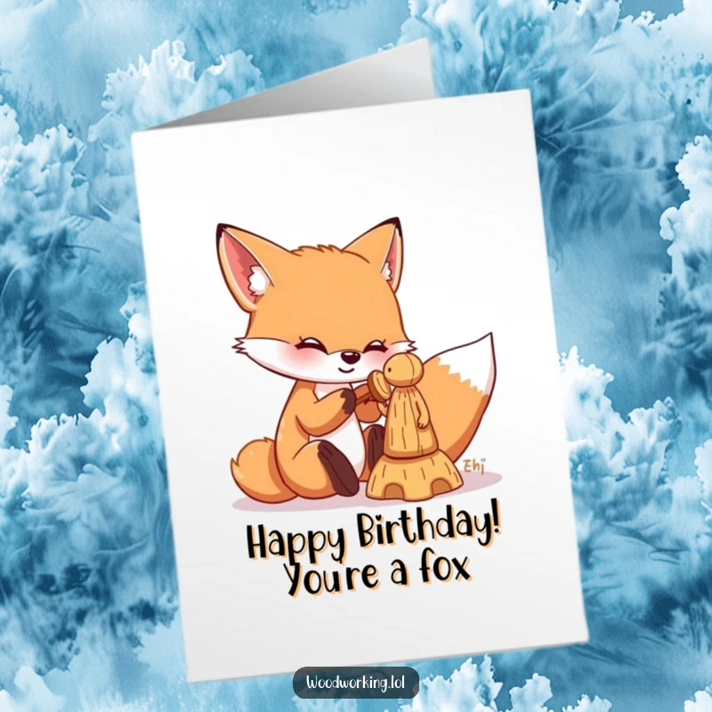 Funny Free Printable Birthday Card: Playful fox happily chiseling a detailed wooden figure, a creative DIY birthday surprise.