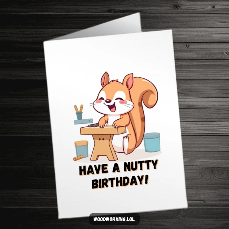 Funny Free Printable Birthday Card: Giggling squirrel using a workbench upside down, playful and silly downloadable card.