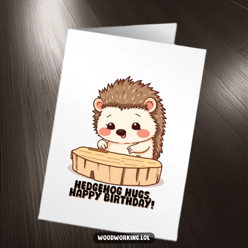 Funny Free Printable Birthday Card: Happy hedgehog carefully measuring wood, celebrating with precision, downloadable gift.