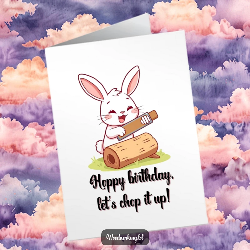 Funny Free Printable Birthday Card: Happy bunny cheerfully sawing a log, showing DIY birthday spirit.
