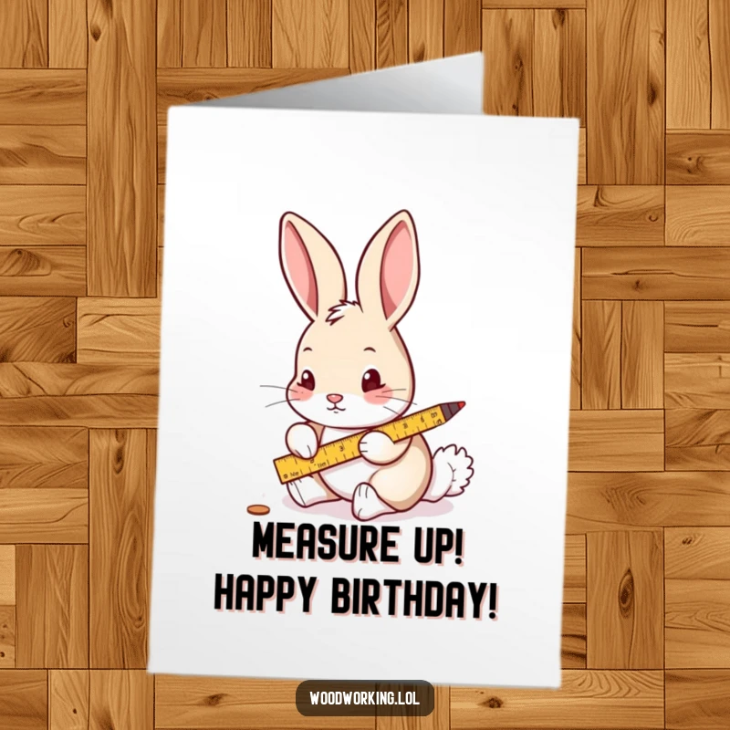 Funny Free Printable Birthday Card featuring a curious rabbit meticulously measuring wood with a ruler and pencil.