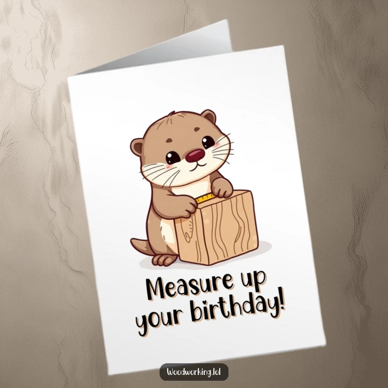 Funny Free Printable Birthday Card: Curious otter measuring a block of wood with a tape measure, precise and humorous downloadable.