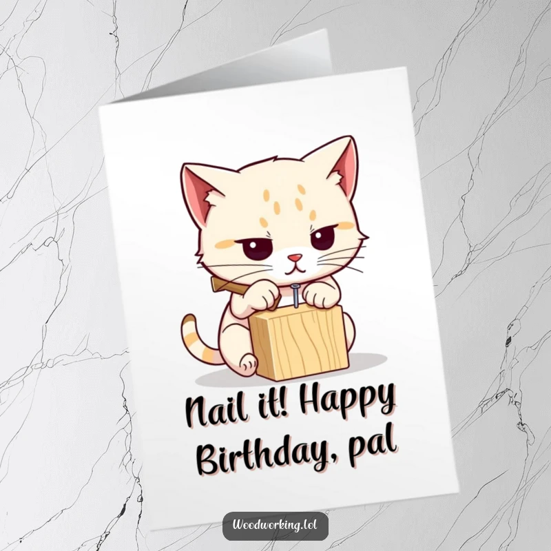 Funny Free Printable Birthday Card: Determined cat humorously hammering a small nail into a wooden block, ready for a DIY celebration.