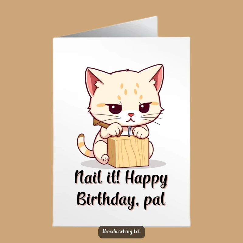 Free Printable Birthday Card: Determined Cat Hammering Nail Funny Downloadable Gift