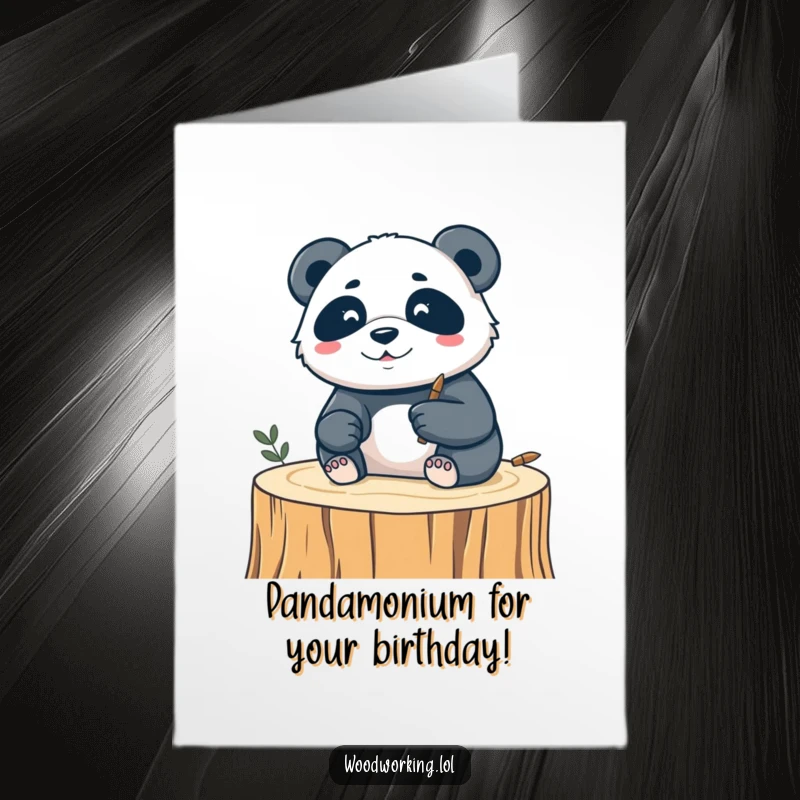 Funny Free Printable Birthday Card: Silly panda carefully carving a delicate design into wood with a focused expression.