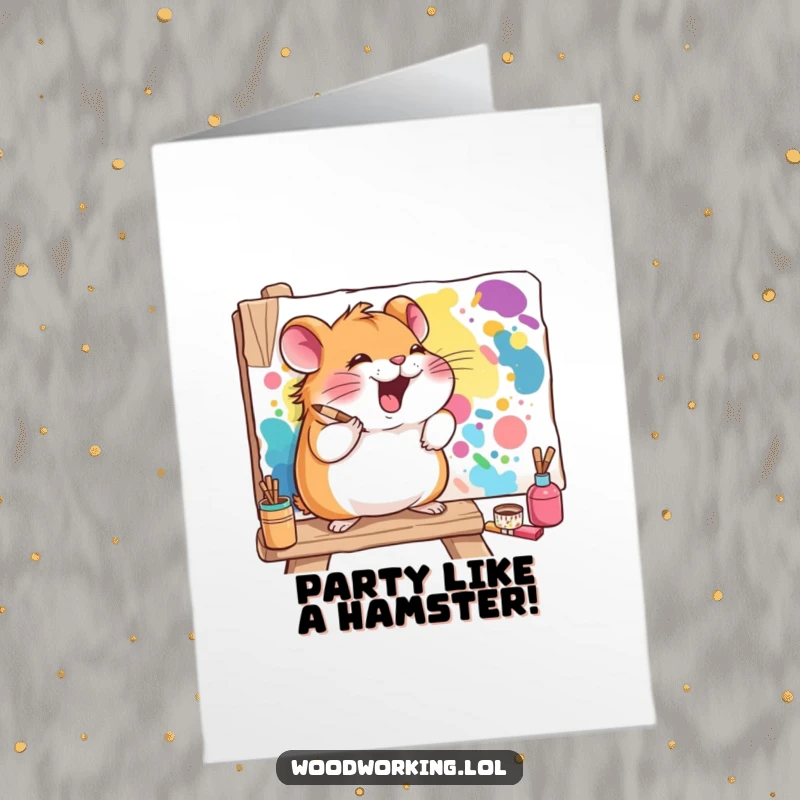 Funny Free Printable Birthday Card: A giggling hamster enthusiastically paints a colorful mural on a wooden board.