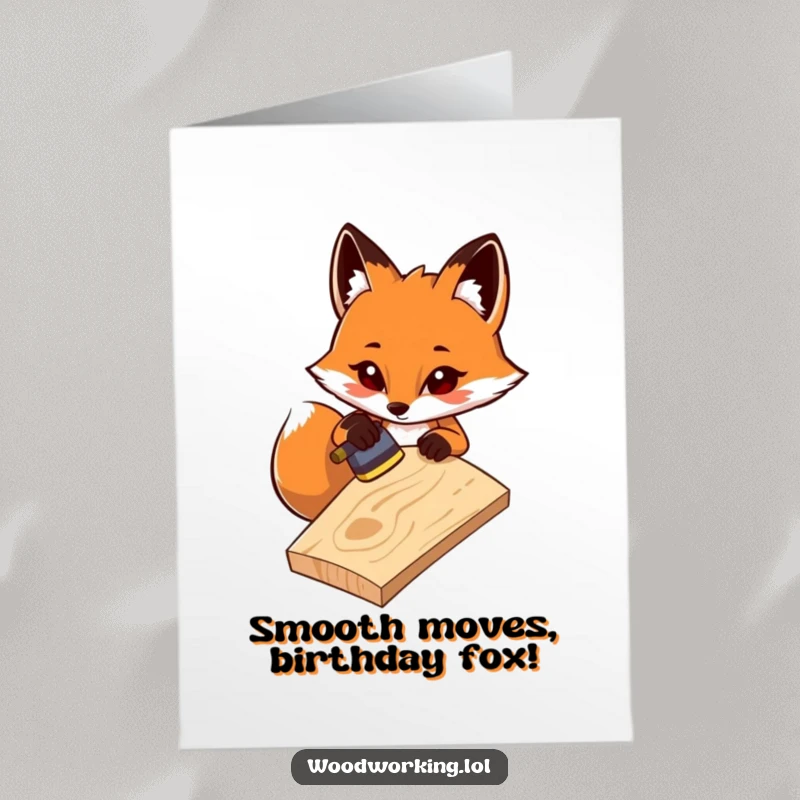 Funny Free Printable Birthday Card showing a determined fox meticulously sanding a wooden plank to a smooth finish.
