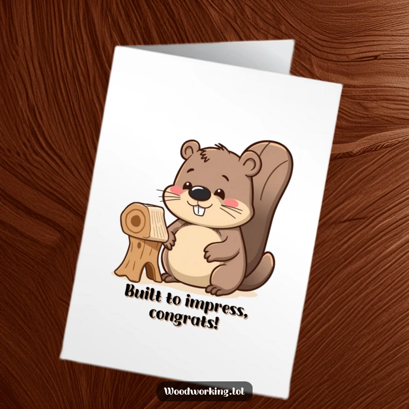 Funny Free Printable Congratulations Card: Delighted beaver admiring unfinished creation, celebrating proud work, ideal DIY.