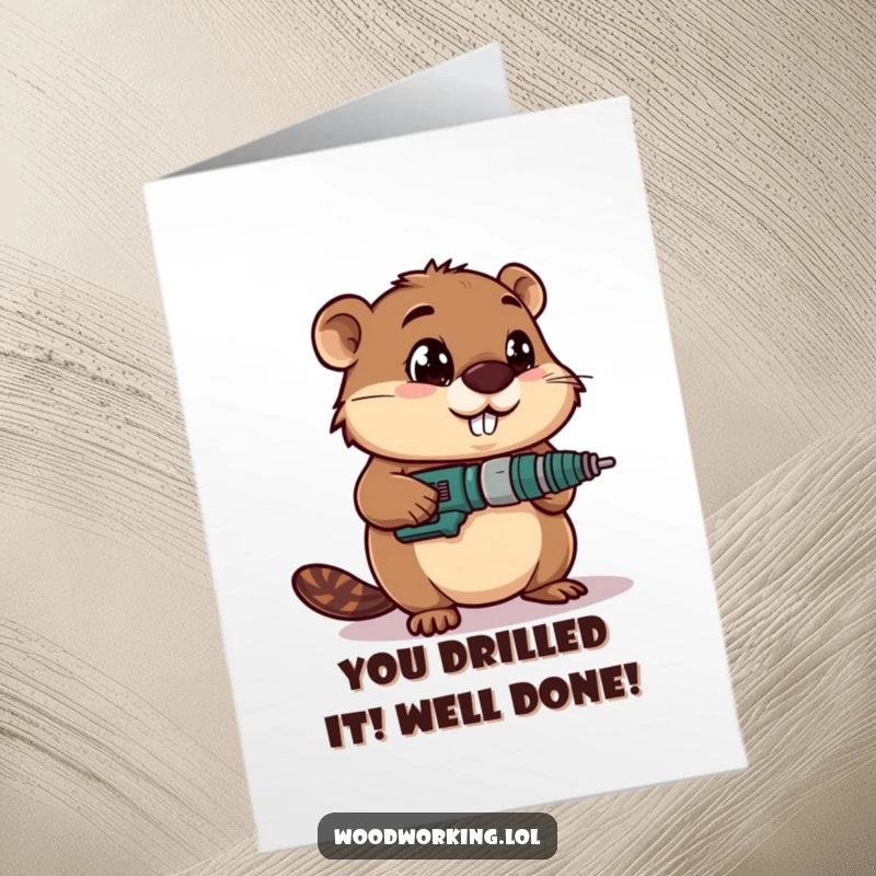 Funny Free Printable Congrats Card with a wide-eyed beaver drilling intently, ideal for celebrating accomplishments.