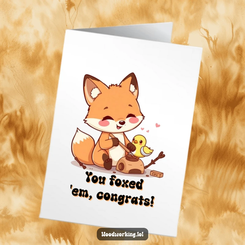 Funny Free Printable Congrats Card: A smiling fox expertly carving a detailed wooden bird, celebrating skill and achievement.