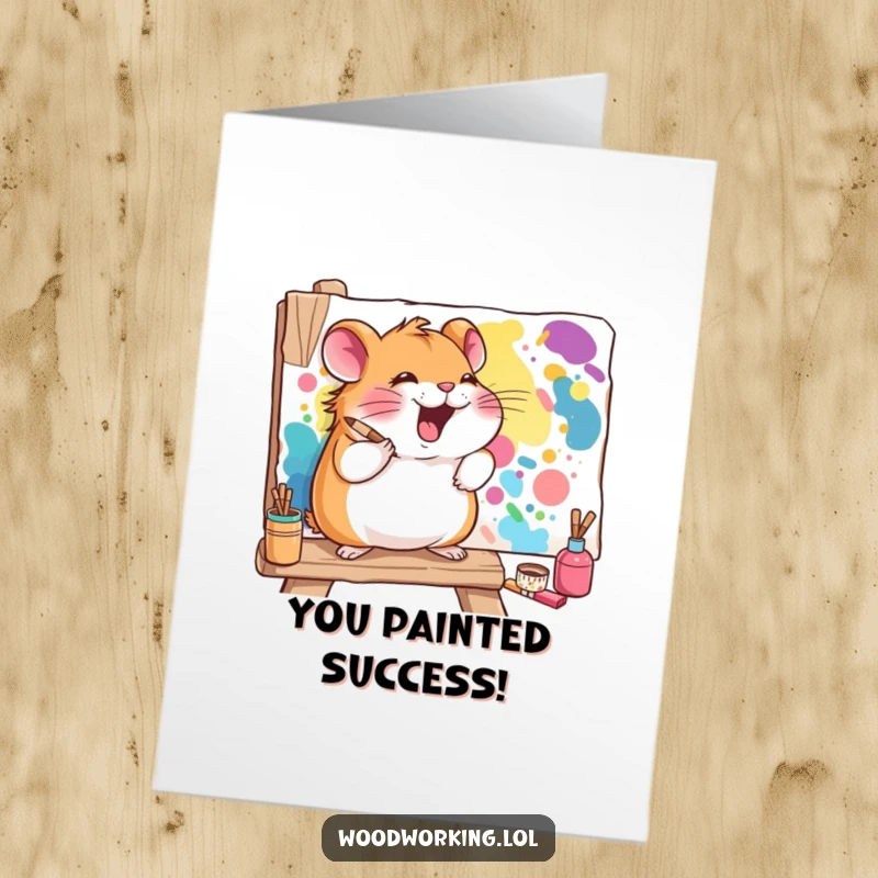 Funny Free Printable Congratulations Card: A giggling hamster happily paints a vibrant mural, celebrating artistic achievement.