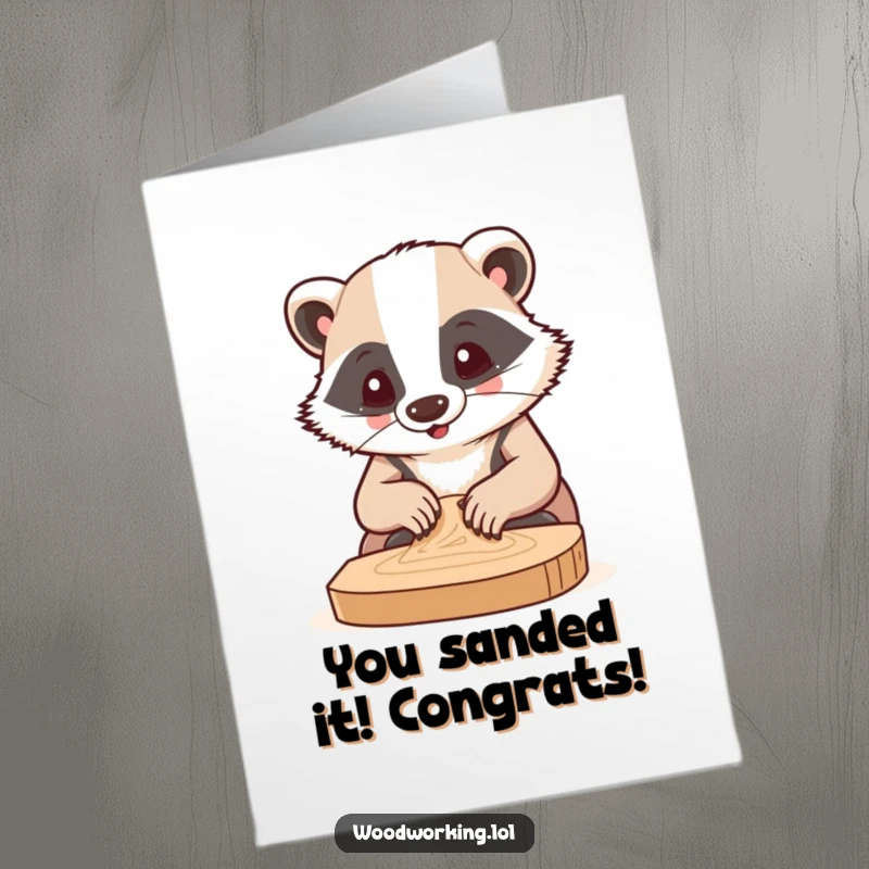 Funny Free Printable Congrats Card showing a badger concentrating hard while sanding wood, ideal for congratulating someone.