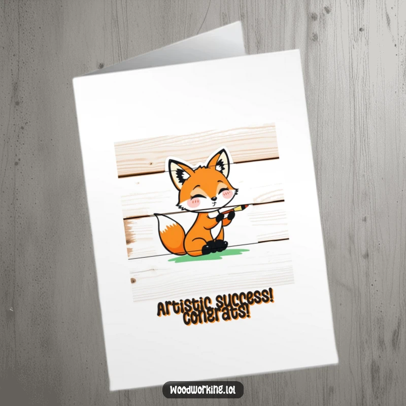 Funny Free Printable Congratulations Card: Playful fox carefully painting a colorful design on a wooden plank, celebrating a win.